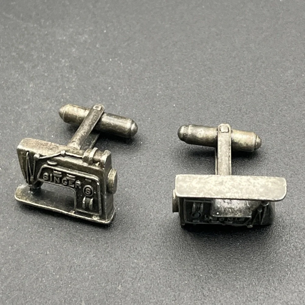 Vintage Singer Sewing Machine Cufflinks Silver‎ Tone